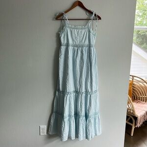 AE tie-strap tiered midi dress, blue mist, size S - like new!